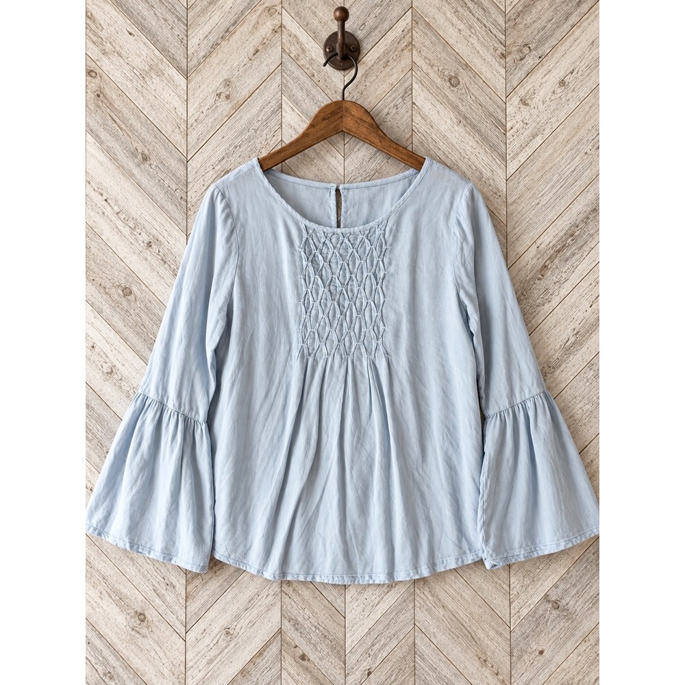 Velvet by Graham & Spencer Smocked Bell Sleeve Blouse Light Blue Large